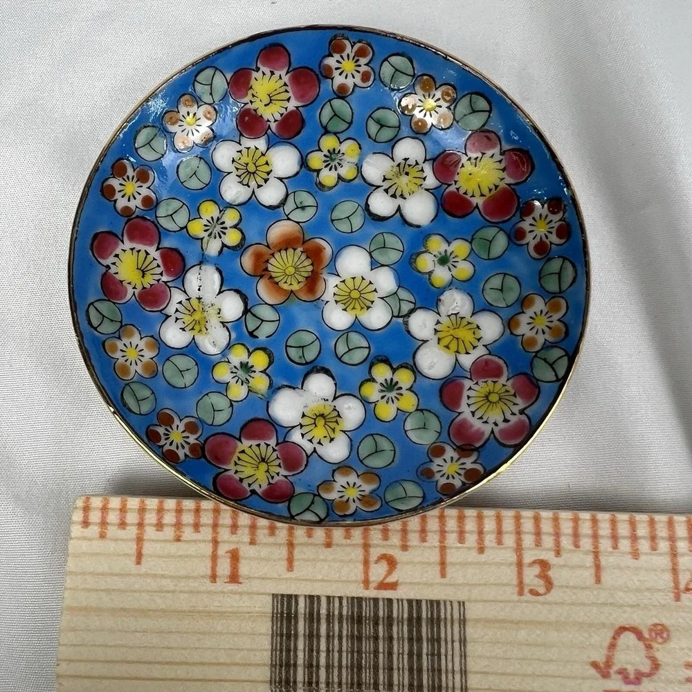 Vintage Viking Import Japan Floral Trinket Dish Blue Enamel Gold Rim Flowers 60s